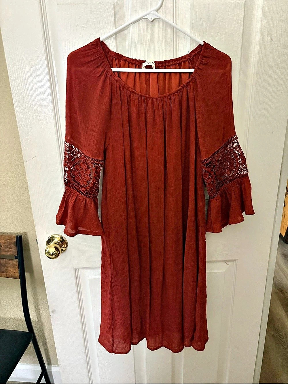 Indigo Rose Lace Sleeve Dress in rust brown